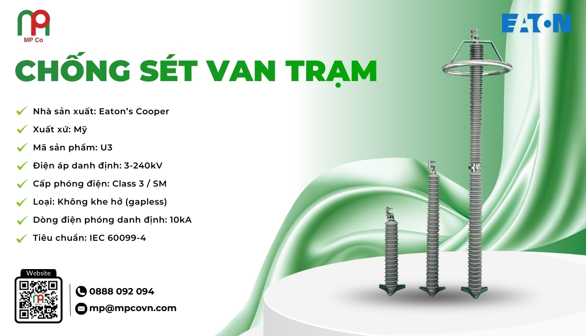 Chống sét van trạm đáp ứng dải điện áp rộng từ 3kV đến 240kV, phù hợp với nhiều cấp điện áp trong các trạm biến áp trung và cao thế.