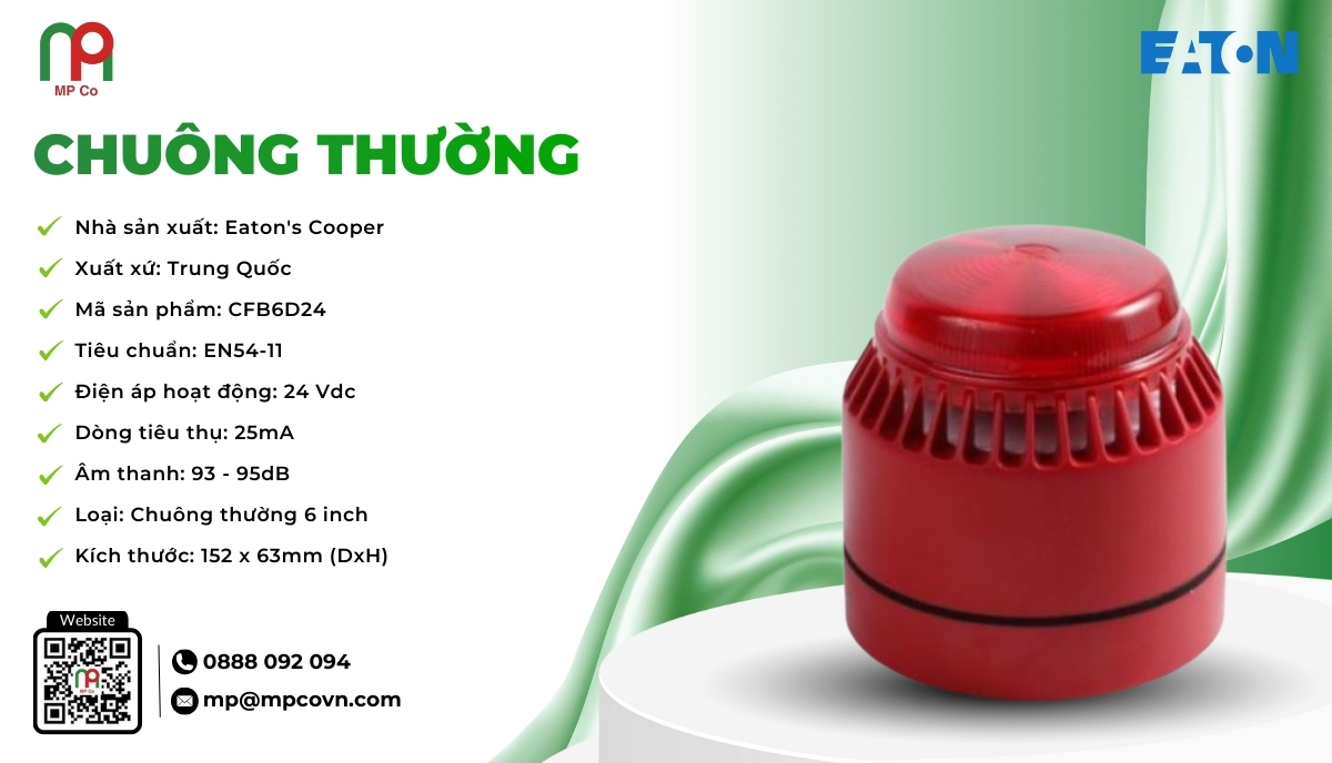 Chuông thường được sản xuất bởi Eaton's Cooper (Trung Quốc), là lựa chọn lý tưởng cho các công trình yêu cầu hiệu suất ổn định, dễ thi công và âm thanh lớn, rõ ràng.