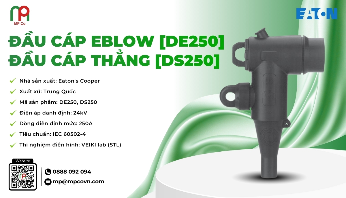 Đầu cáp Elbow DE250 và đầu cáp thẳng DS250 là bộ đôi sản phẩm chất lượng cao do Eaton's Cooper (Trung Quốc) sản xuất, được thiết kế chuyên dụng để kết nối hệ thống cáp ngầm 24kV với thiết bị đóng cắt, máy biến áp hoặc các thiết bị điện trung áp khác.